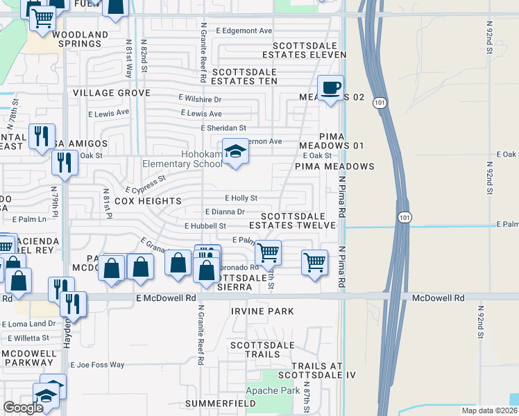 map of restaurants, bars, coffee shops, grocery stores, and more near 8630 East Holly Street in Scottsdale
