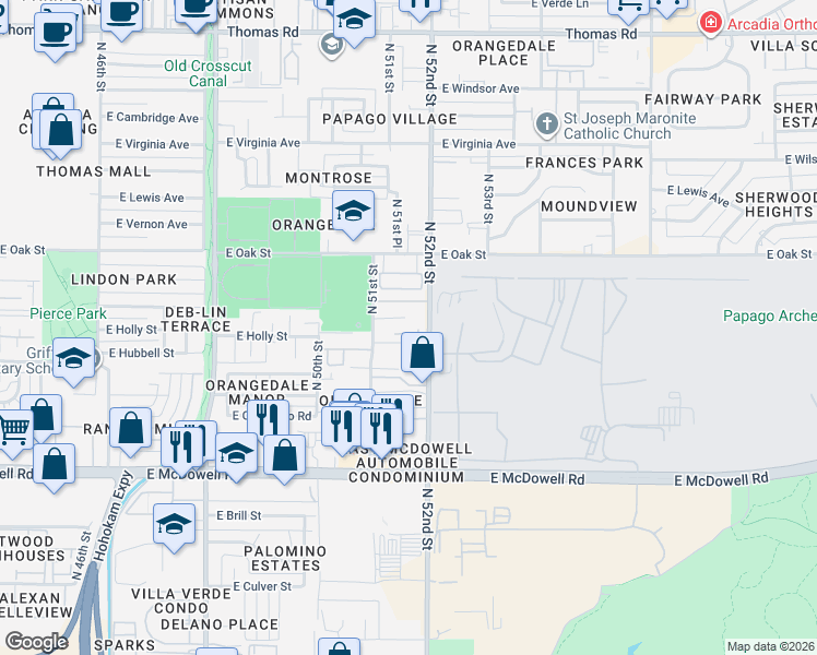 map of restaurants, bars, coffee shops, grocery stores, and more near 5161 East Monte Vista Road in Phoenix