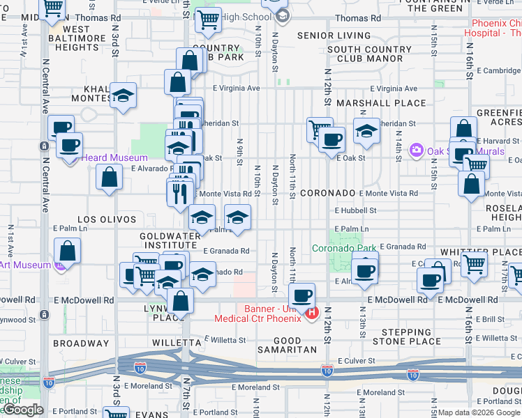 map of restaurants, bars, coffee shops, grocery stores, and more near 2045 North 10th Street in Phoenix
