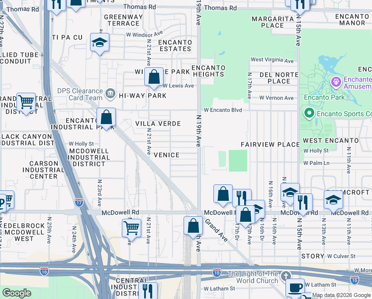 map of restaurants, bars, coffee shops, grocery stores, and more near 1912 West Monte Vista Road in Phoenix