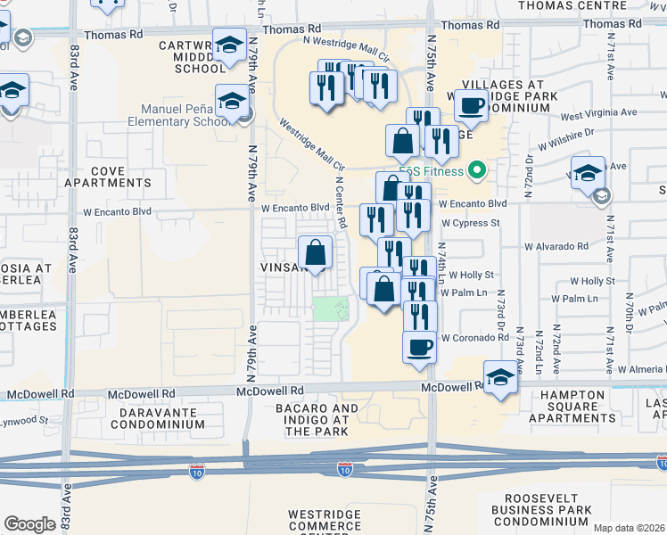 map of restaurants, bars, coffee shops, grocery stores, and more near 2117 North 77th Lane in Phoenix