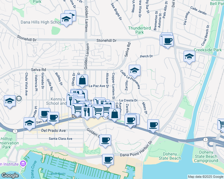 map of restaurants, bars, coffee shops, grocery stores, and more near 33862 Alcazar Drive in Dana Point