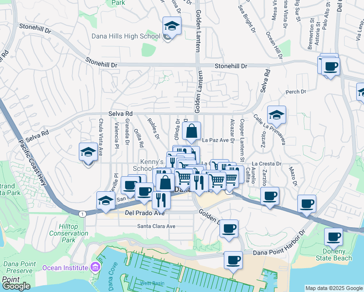 map of restaurants, bars, coffee shops, grocery stores, and more near 33861 Diana Drive in Dana Point