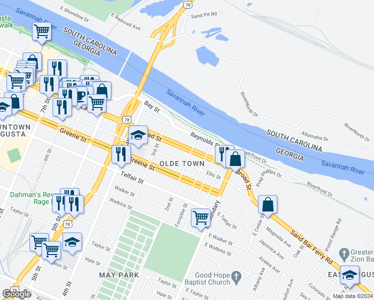 map of restaurants, bars, coffee shops, grocery stores, and more near 102 2nd Street in Augusta