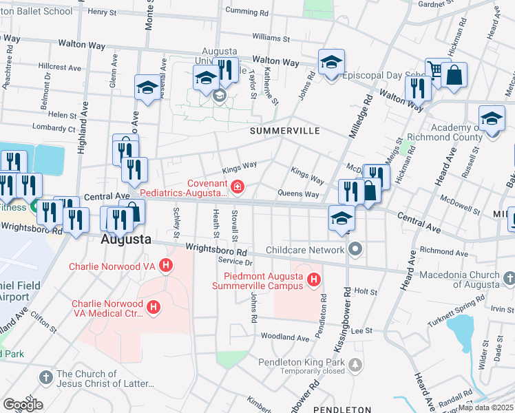 map of restaurants, bars, coffee shops, grocery stores, and more near 2267 Central Avenue in Augusta