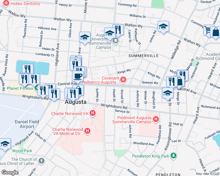 map of restaurants, bars, coffee shops, grocery stores, and more near 2333 Central Avenue in Augusta
