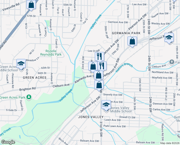 map of restaurants, bars, coffee shops, grocery stores, and more near 3126 Beulah Avenue Southwest in Birmingham
