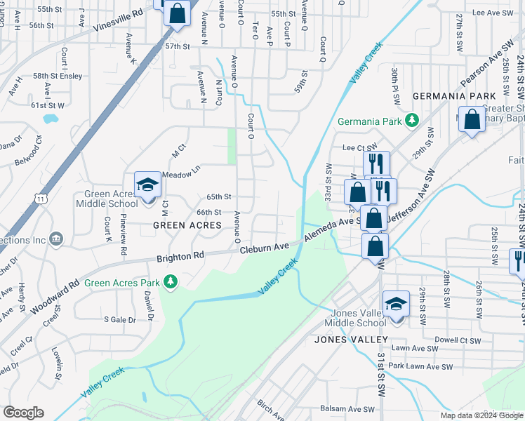 map of restaurants, bars, coffee shops, grocery stores, and more near 1525 65th Street West in Birmingham