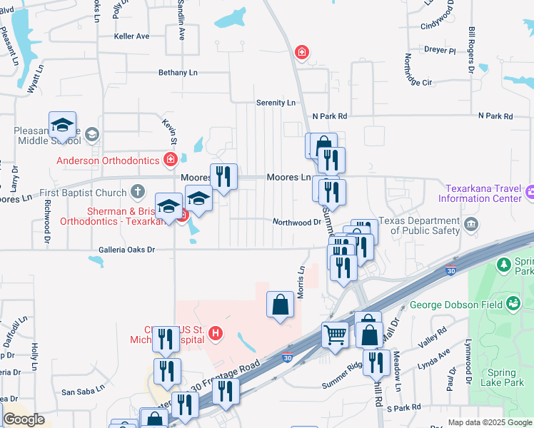 map of restaurants, bars, coffee shops, grocery stores, and more near 19 Fernwood Drive in Texarkana