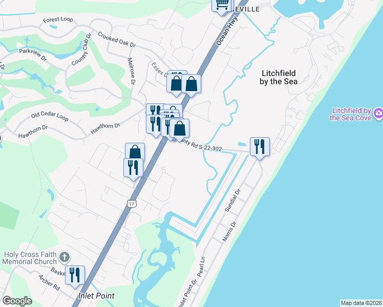 map of restaurants, bars, coffee shops, grocery stores, and more near 149 County Road S-22-302 in Pawleys Island