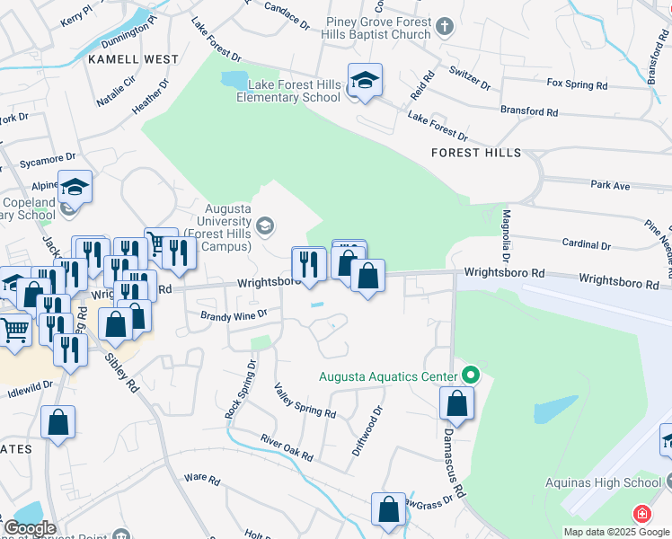 map of restaurants, bars, coffee shops, grocery stores, and more near 3105 Wrightsboro Road in Augusta