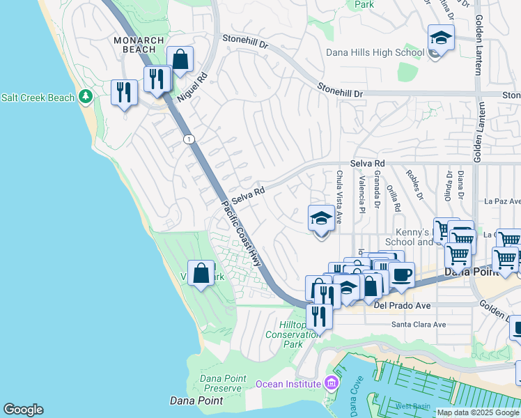 map of restaurants, bars, coffee shops, grocery stores, and more near 33906 Cape Cove in Dana Point