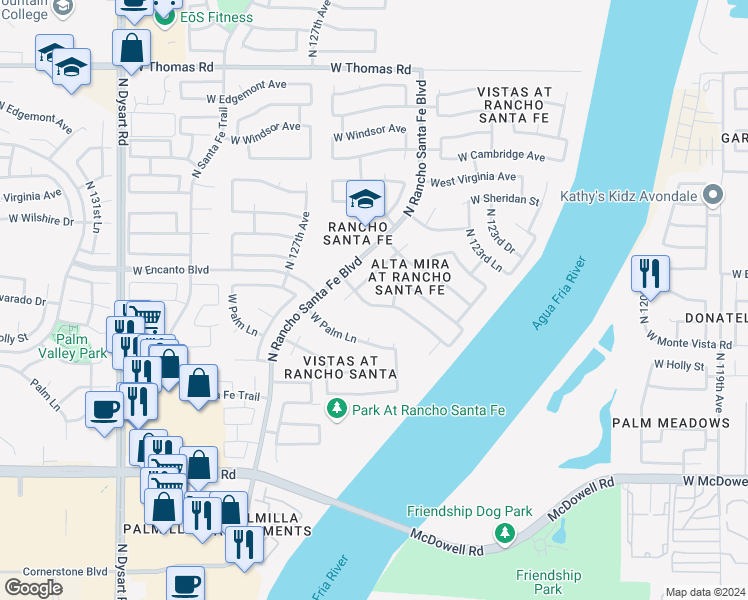 map of restaurants, bars, coffee shops, grocery stores, and more near 12438 West Monte Vista Road in Avondale
