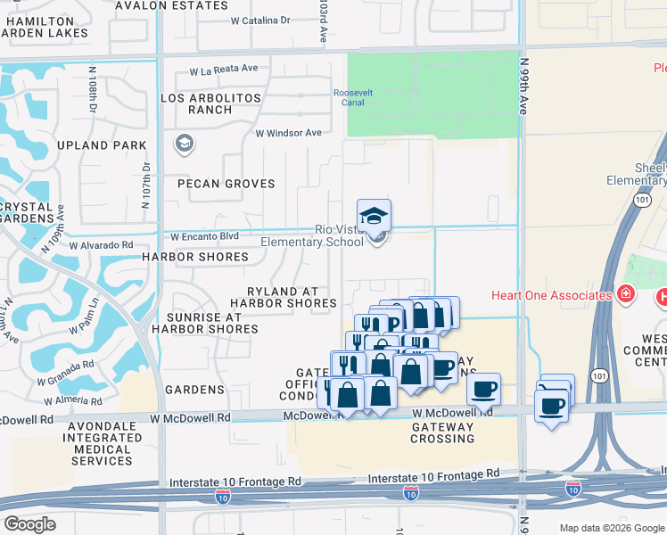 map of restaurants, bars, coffee shops, grocery stores, and more near 2005 North 103rd Drive in Avondale