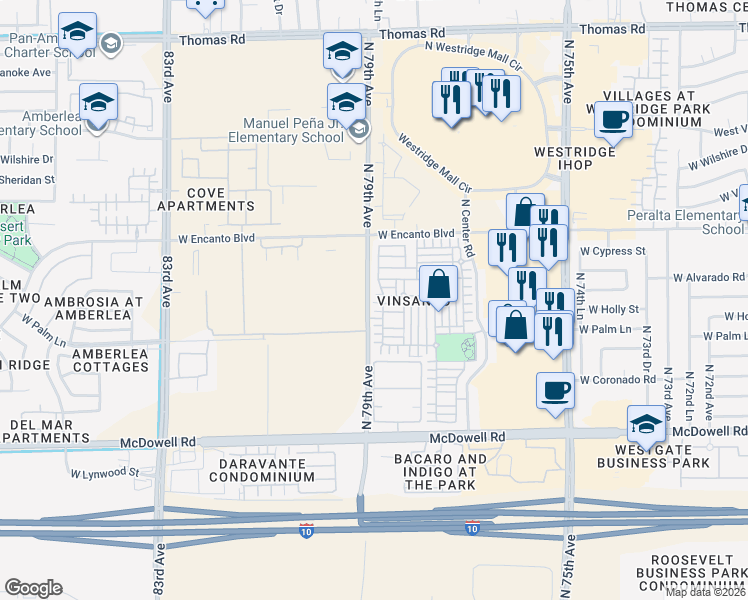 map of restaurants, bars, coffee shops, grocery stores, and more near 7843 West Alvarado Road in Phoenix