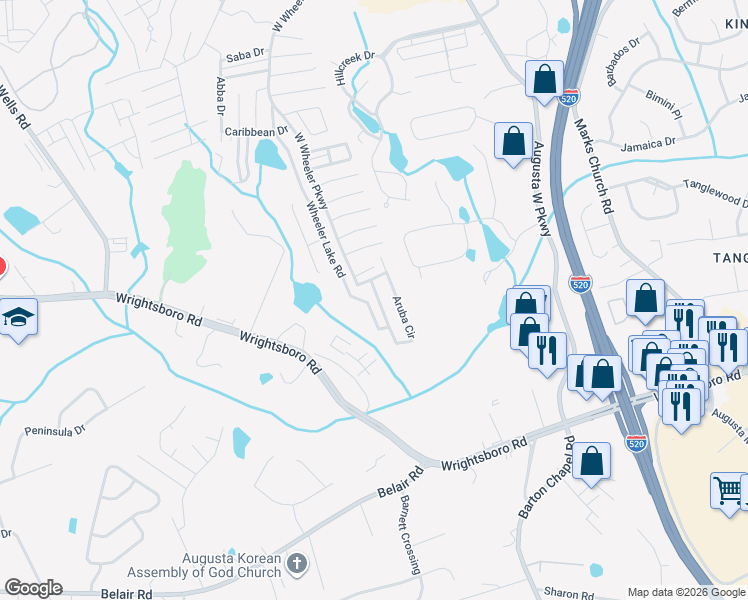 map of restaurants, bars, coffee shops, grocery stores, and more near 5262 Aruba Circle in Augusta