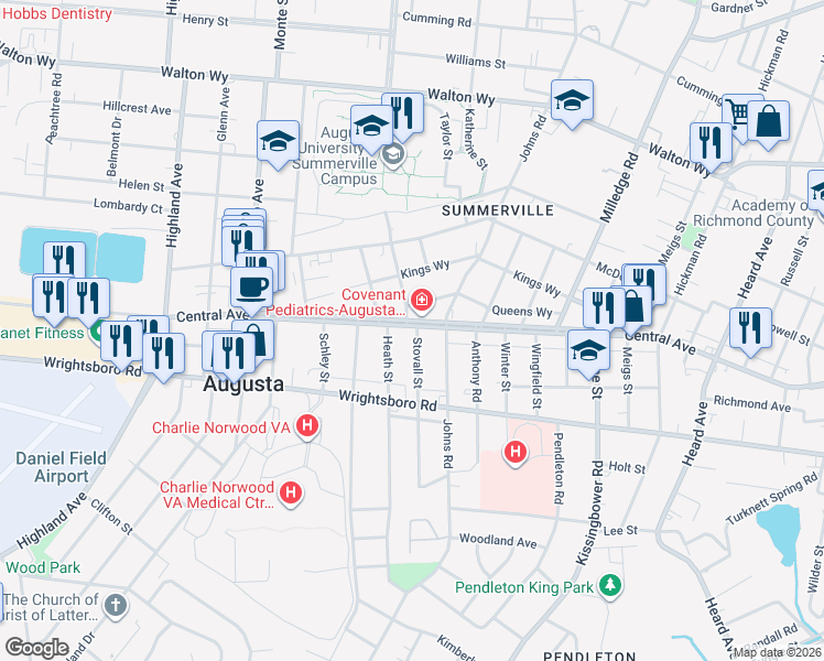 map of restaurants, bars, coffee shops, grocery stores, and more near 2320 Central Avenue in Augusta