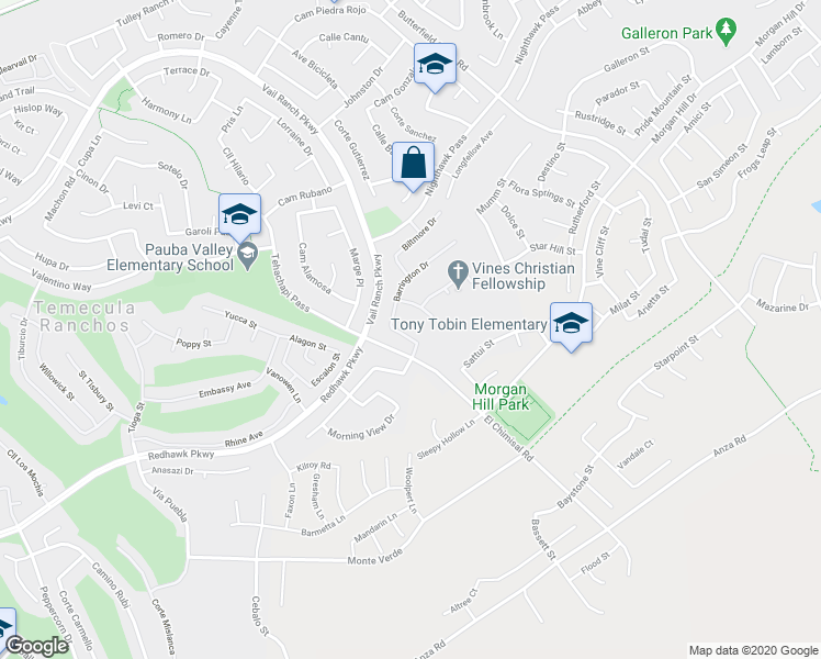 map of restaurants, bars, coffee shops, grocery stores, and more near 45280 Chateau Court in Temecula