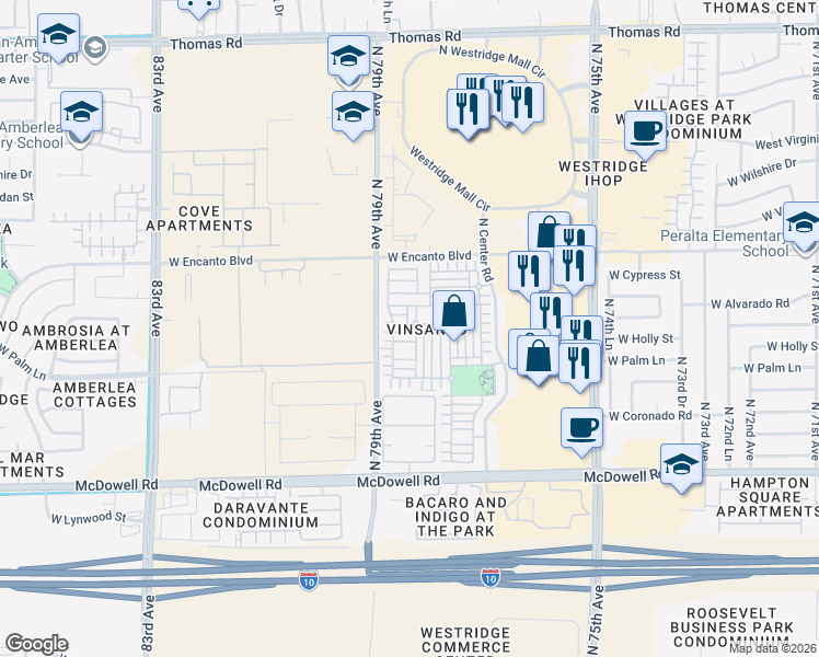 map of restaurants, bars, coffee shops, grocery stores, and more near 7843 West Alvarado Road in Phoenix