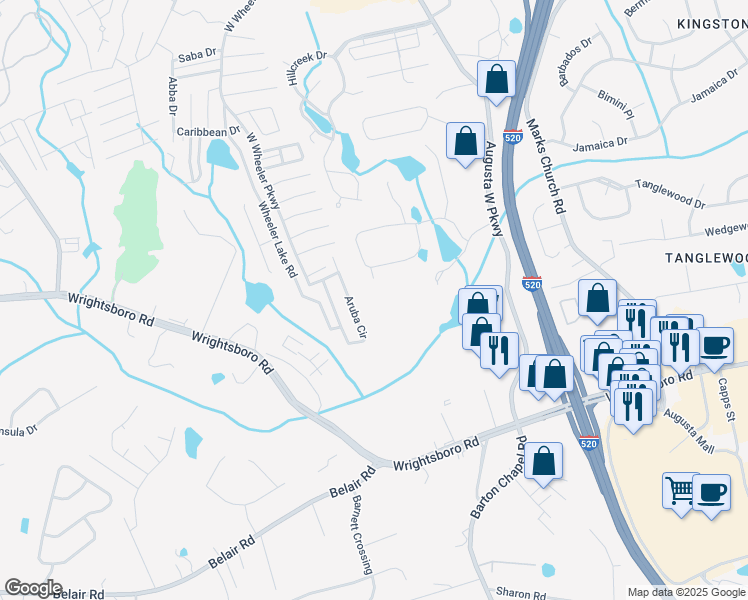 map of restaurants, bars, coffee shops, grocery stores, and more near 1032 Amli Way in Augusta