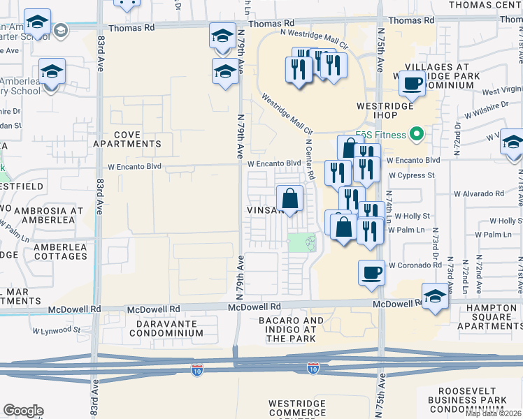 map of restaurants, bars, coffee shops, grocery stores, and more near 7843 West Alvarado Road in Phoenix