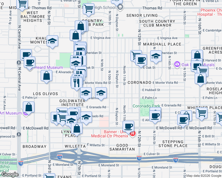 map of restaurants, bars, coffee shops, grocery stores, and more near 2045 North 10th Street in Phoenix
