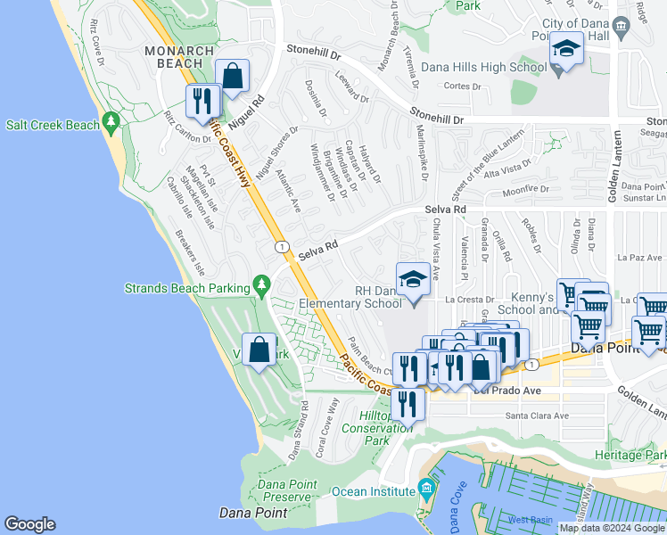 map of restaurants, bars, coffee shops, grocery stores, and more near 33908 Cape Cove in Dana Point