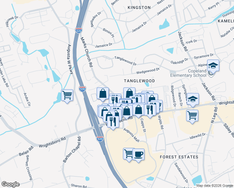 map of restaurants, bars, coffee shops, grocery stores, and more near 3397 1/2 Beaver Drive in Augusta