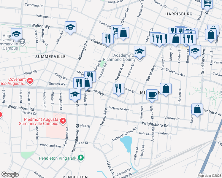 map of restaurants, bars, coffee shops, grocery stores, and more near 2046 McDowell Street in Augusta