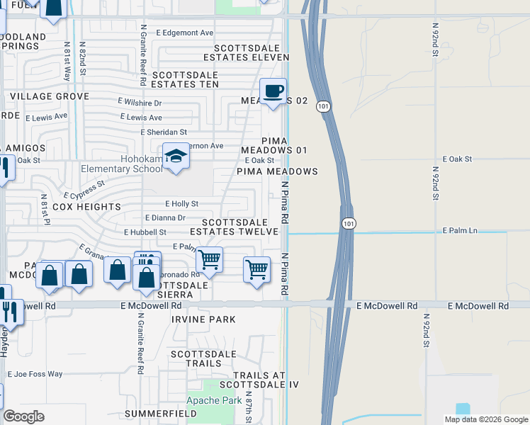 map of restaurants, bars, coffee shops, grocery stores, and more near 2037 North 87th Way in Scottsdale