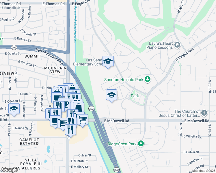 map of restaurants, bars, coffee shops, grocery stores, and more near 6856 East Pearl Street in Mesa