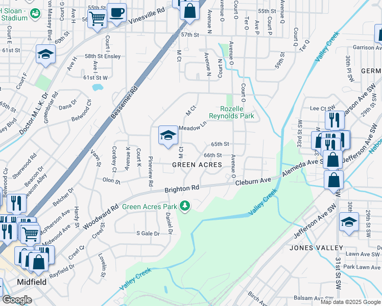 map of restaurants, bars, coffee shops, grocery stores, and more near 6617 Court M in Birmingham