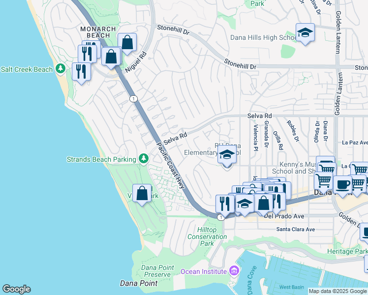map of restaurants, bars, coffee shops, grocery stores, and more near 33906 Cape Cove in Dana Point