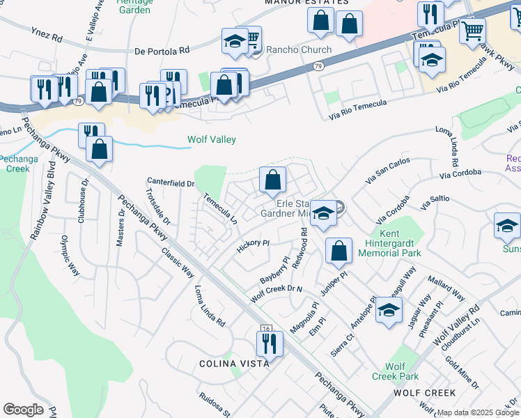 map of restaurants, bars, coffee shops, grocery stores, and more near 31180 Lavender Court in Temecula