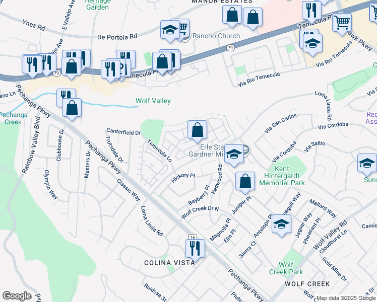 map of restaurants, bars, coffee shops, grocery stores, and more near 31163 Lavender Court in Temecula