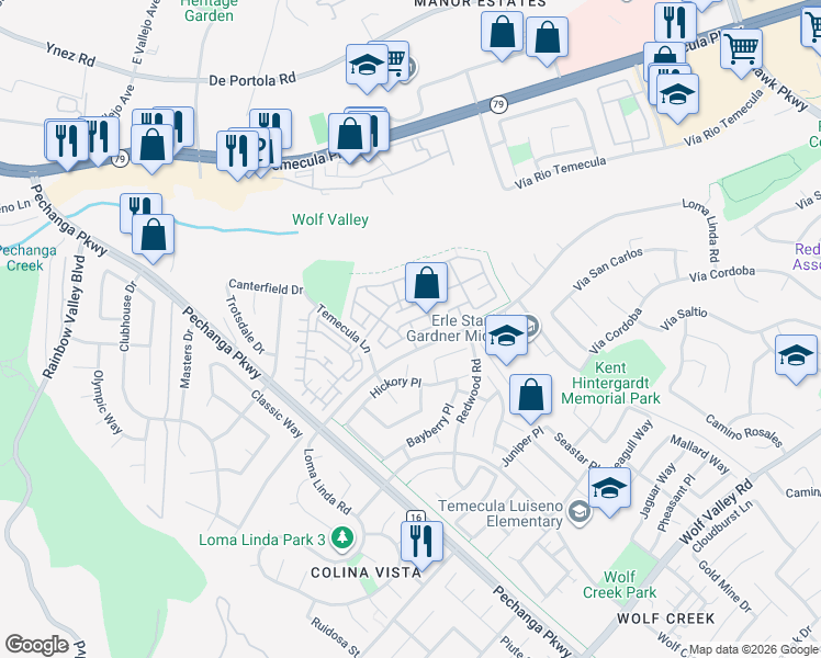 map of restaurants, bars, coffee shops, grocery stores, and more near 31182 Lavender Court in Temecula