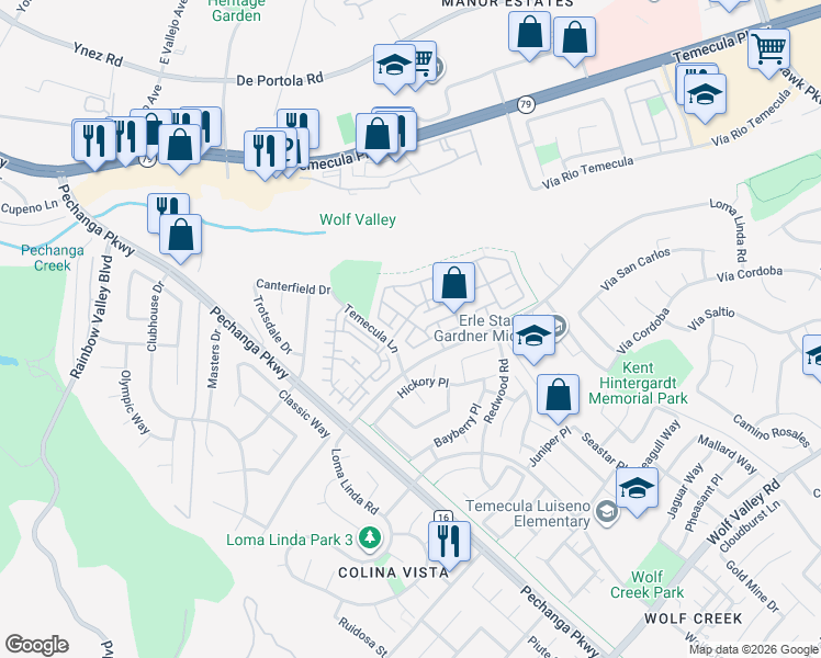 map of restaurants, bars, coffee shops, grocery stores, and more near 44953 Blue Rosemary Way in Temecula