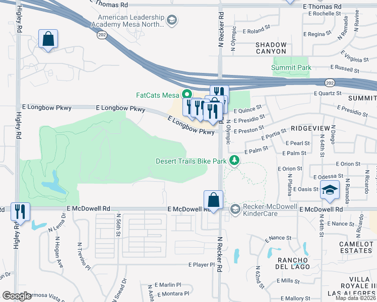 map of restaurants, bars, coffee shops, grocery stores, and more near 5601 East Longbow Parkway in Mesa