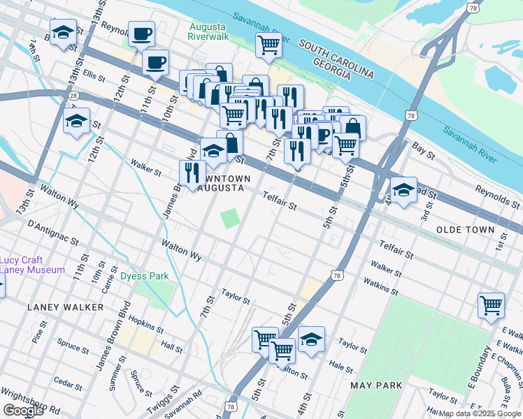 map of restaurants, bars, coffee shops, grocery stores, and more near 642 Telfair Street in Augusta