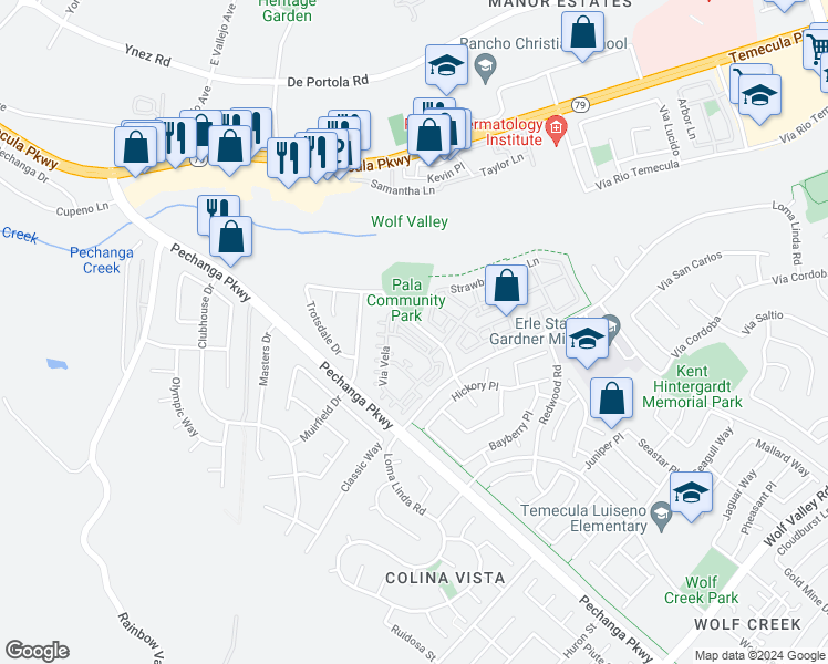 map of restaurants, bars, coffee shops, grocery stores, and more near 31258 Calle Cirros in Temecula