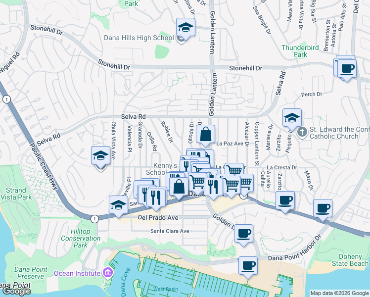 map of restaurants, bars, coffee shops, grocery stores, and more near 33859 Street of the Violet Lantern in Dana Point
