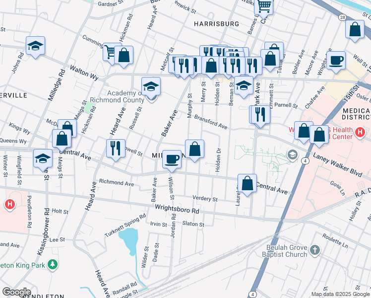 map of restaurants, bars, coffee shops, grocery stores, and more near 1812 Hampton Avenue in Augusta