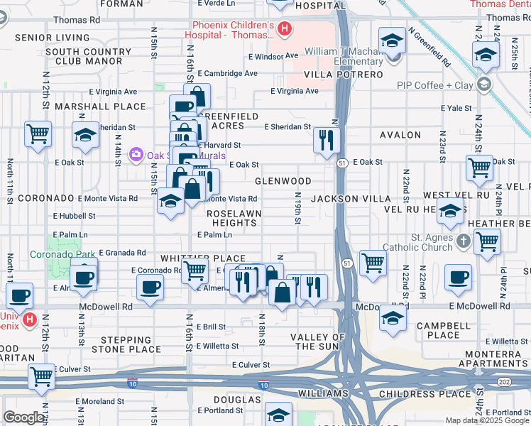 map of restaurants, bars, coffee shops, grocery stores, and more near 1815 East Monte Vista Road in Phoenix