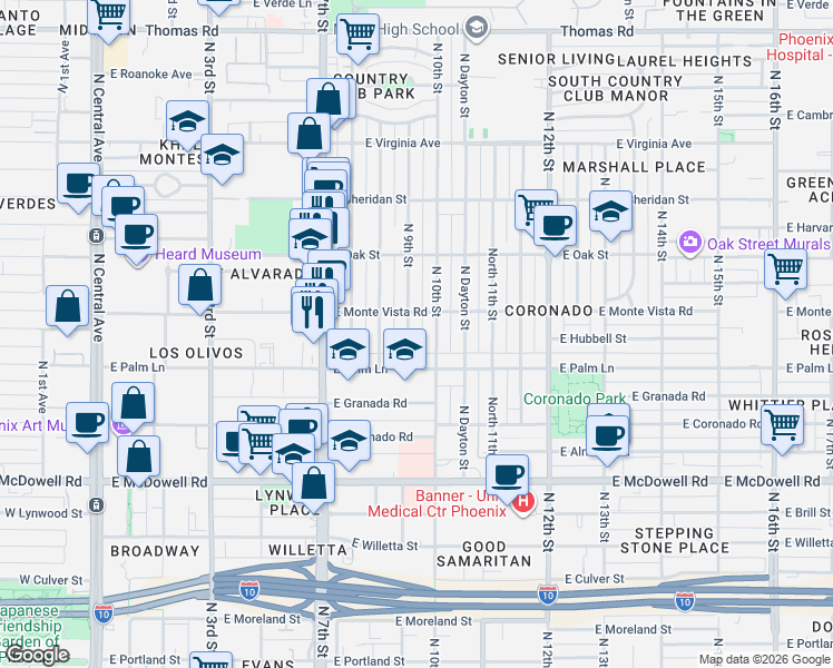 map of restaurants, bars, coffee shops, grocery stores, and more near 2046 North 9th Street in Phoenix