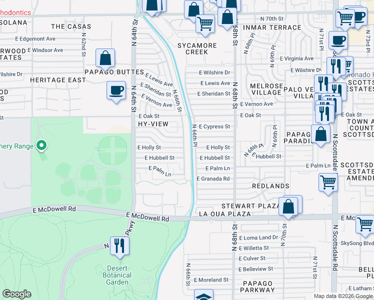 map of restaurants, bars, coffee shops, grocery stores, and more near 2101 North 66th Street in Scottsdale