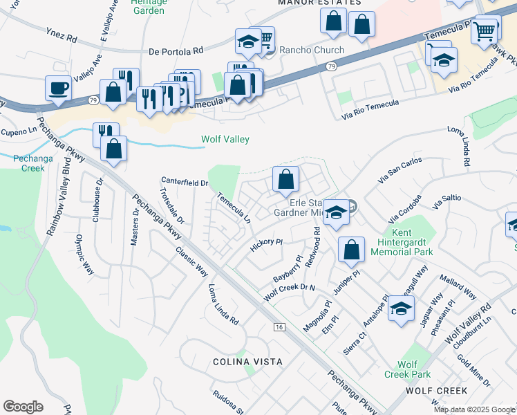 map of restaurants, bars, coffee shops, grocery stores, and more near 31136 Sunflower Way in Temecula