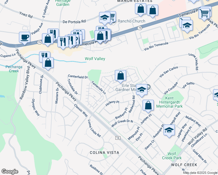 map of restaurants, bars, coffee shops, grocery stores, and more near 44957 Blue Rosemary Way in Temecula