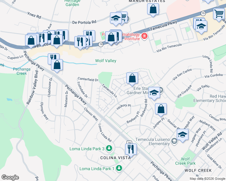 map of restaurants, bars, coffee shops, grocery stores, and more near 31058 Strawberry Tree Lane in Temecula