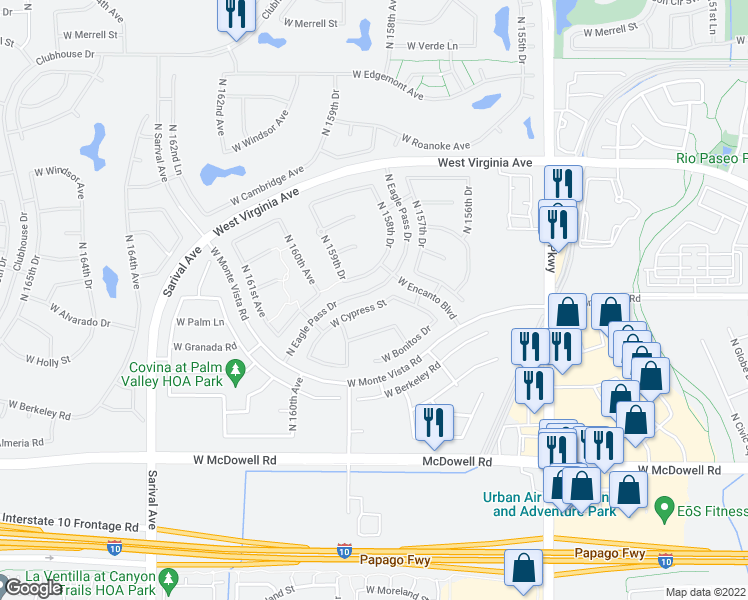 map of restaurants, bars, coffee shops, grocery stores, and more near 15812 West Cypress Street in Goodyear