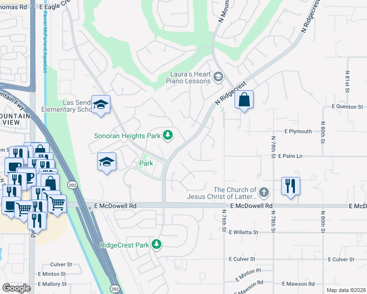 map of restaurants, bars, coffee shops, grocery stores, and more near 3069 North Ridgecrest in Mesa
